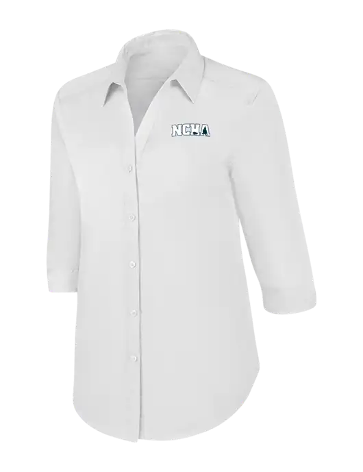 Womens White 3/4 Sleeve Carefree Poplin Shirt w/NCHA Logo