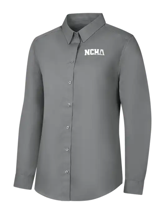 Womens Medium Grey Long Sleeve Carefree Poplin Shirt w/NCHA Logo
