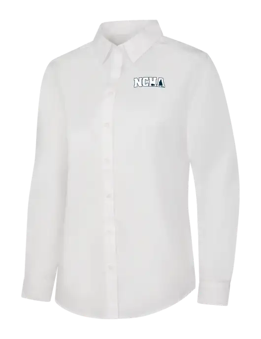 Womens White Long Sleeve Carefree Poplin Shirt w/NCHA Logo