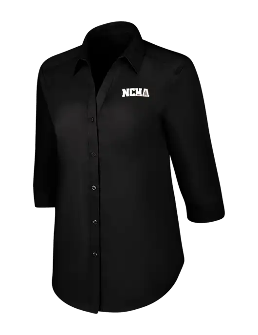 Womens Black 3/4 Sleeve Carefree Poplin Shirt w/NCHA Logo