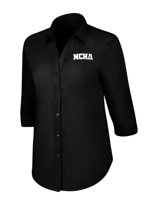 Womens Black 3/4 Sleeve Carefree Poplin Shirt w/NCHA Logo