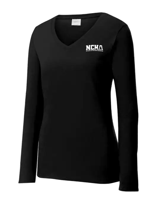Womens V-Neck Ring Spun Jet Black 4.5 oz Long Sleeve T-Shirt w/NCHA Logo