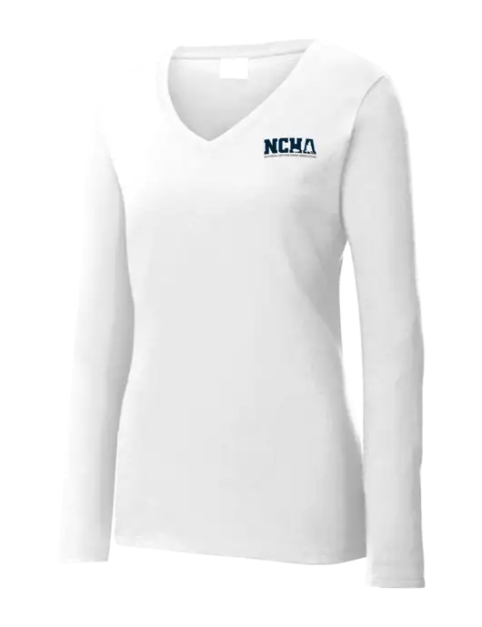 Womens  V-Neck Ring Spun White 4.5 oz Long Sleeve T-Shirt w/NCHA Logo