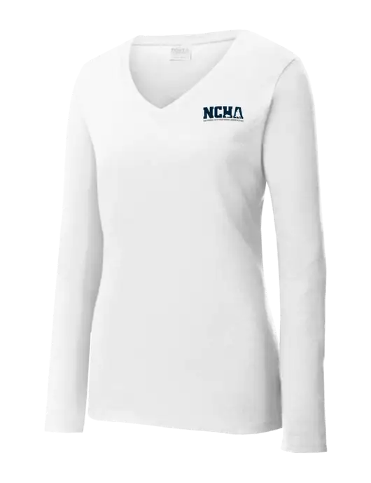 Womens  V-Neck Ring Spun White 4.5 oz Long Sleeve T-Shirt w/NCHA Logo
