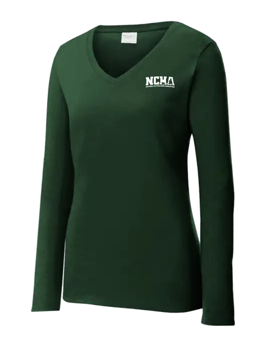 Womens  V-Neck Ring Spun Forest Green 4.5 oz Long Sleeve T-Shirt w/NCHA Logo
