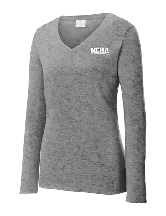 Womens  V-Neck Ring Spun Grey Heather 4.5 oz Long Sleeve T-Shirt w/NCHA Logo