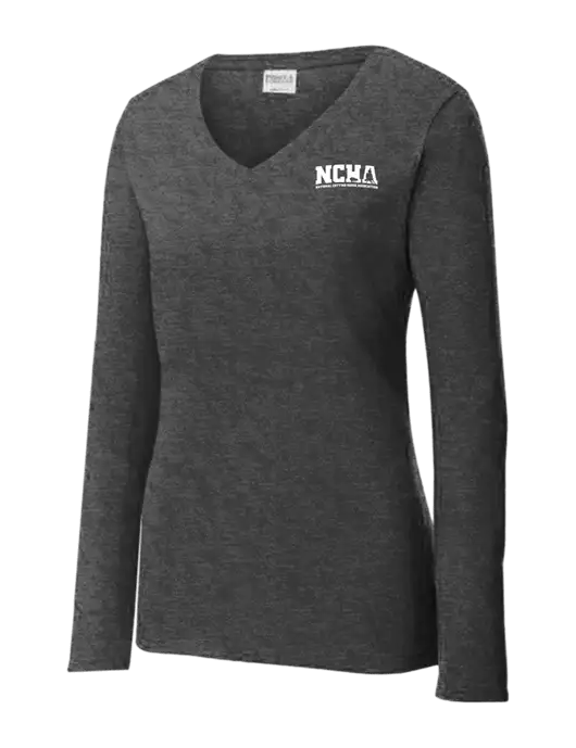 Womens  V-Neck Ring Spun Dark Heather Grey 4.5 oz Long Sleeve T-Shirt w/NCHA Logo