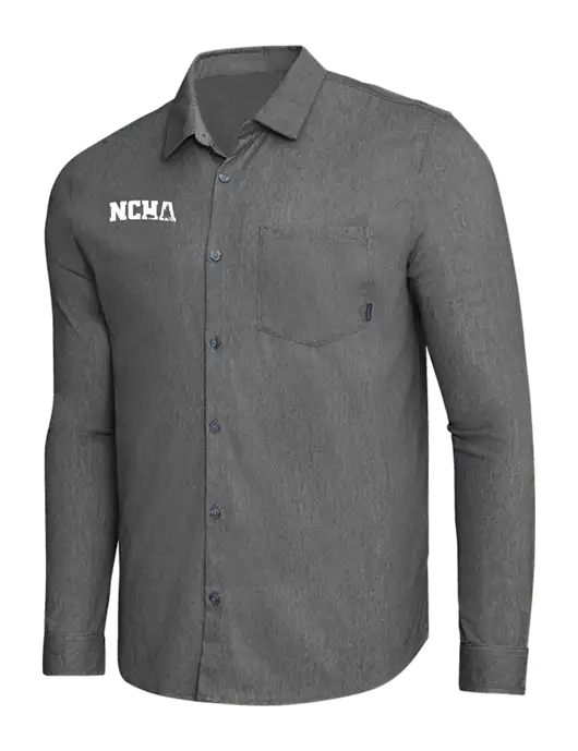 OGIO Dark Grey Heather Extend Long Sleeve Button Up Shirt w/NCHA Logo