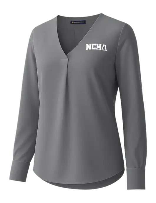 Brooks Brothers Womens Medium Grey Open-Neck Satin Blouse  w/NCHA Logo