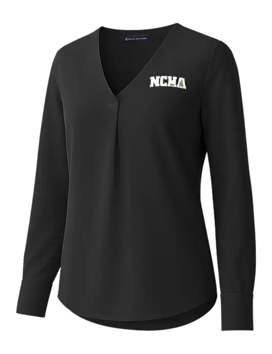 Brooks Brothers Womens Black Open-Neck Satin Blouse  w/NCHA Logo