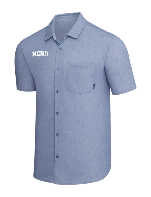 OGIO Slate Blue Heather Extend Short Sleeve Button Up Shirt w/NCHA Logo