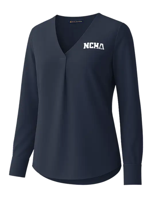 Brooks Brothers Womens Dark Navy Open-Neck Satin Blouse  w/NCHA Logo