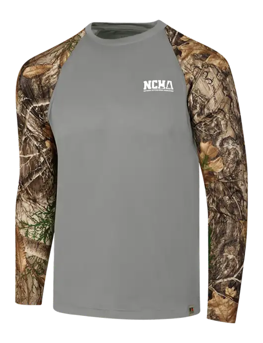 Russell Outdoors Medium Grey/Realtree Edge Camo Colorblock Performance Long Sleeve T-Shirt w/NCHA Logo