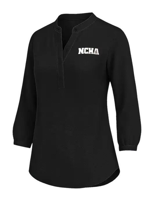 Womens Three Quarter-Sleeve Textured Black Crepe Tunic w/NCHA Logo