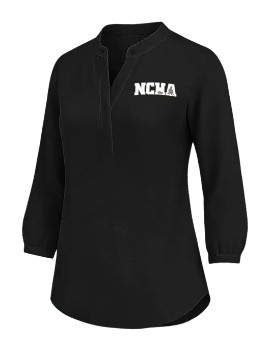 Womens Three Quarter-Sleeve Textured Black Crepe Tunic w/NCHA Logo