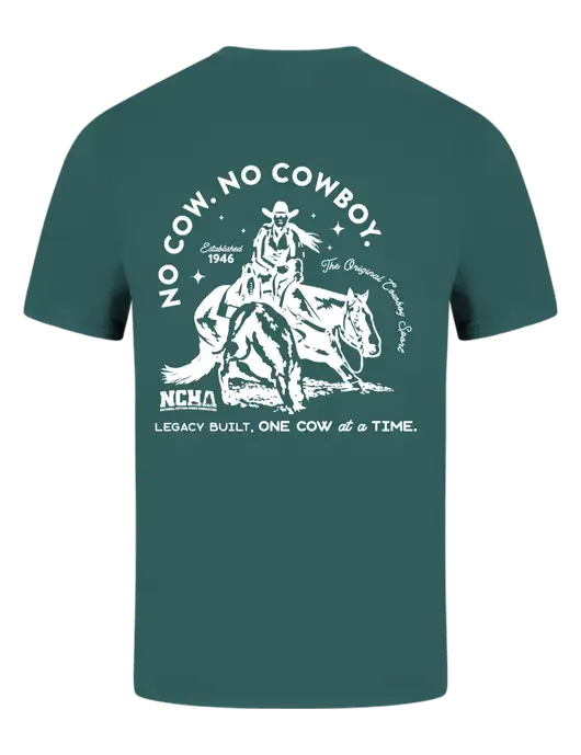 Comfort Colors 6.1 oz Dark Green Heather Heavyweight Ring Spun T-Shirt w/No Cow No Cowboy Logo, NCHA Logo