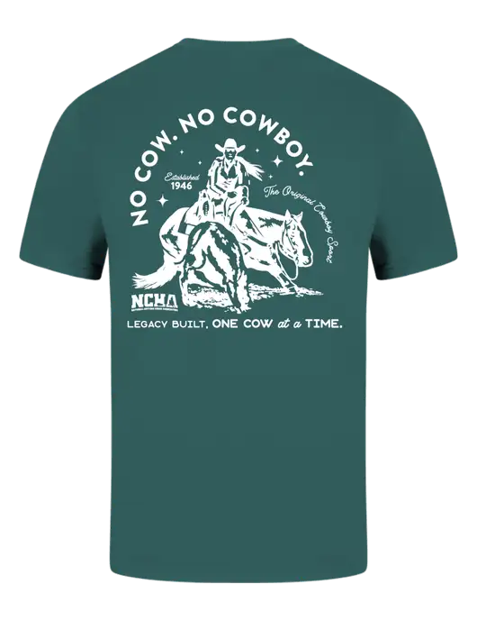 Comfort Colors 6.1 oz Dark Green Heather Heavyweight Ring Spun T-Shirt w/No Cow No Cowboy Logo, NCHA Logo