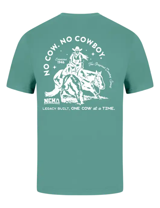 Comfort Colors 6.1 oz Light Teal Heavyweight Ring Spun T-Shirt w/No Cow No Cowboy Logo, NCHA Logo