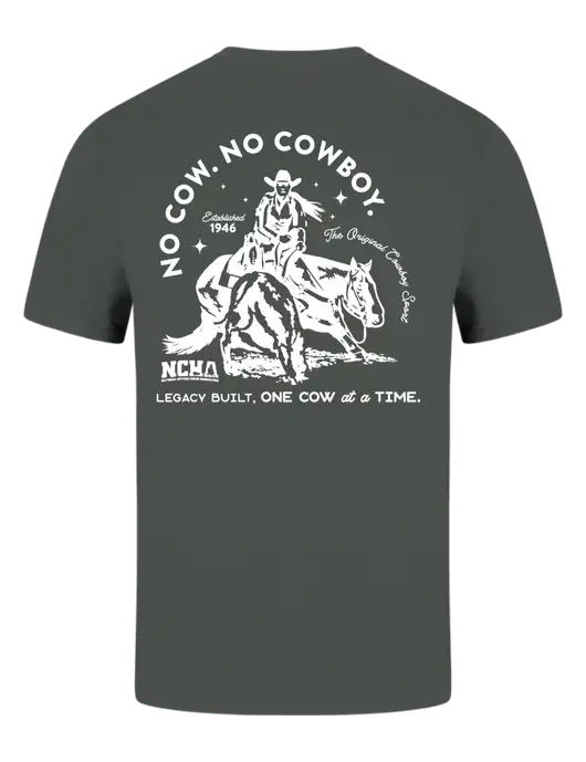 Comfort Colors 6.1 oz Dark Grey Heather Heavyweight Ring Spun T-Shirt w/No Cow No Cowboy Logo, NCHA Logo