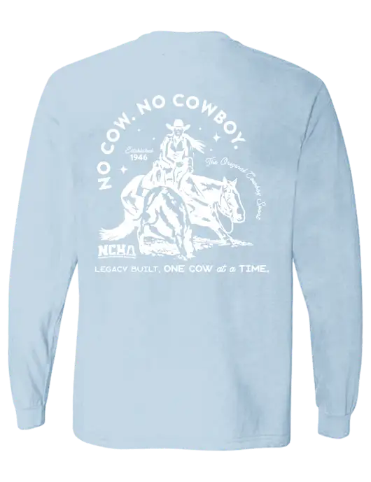 Comfort Colors Garment-Dyed Light Blue Heavyweight Long Sleeve T-Shirt w/No Cow No Cowboy Logo, NCHA Logo