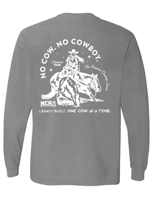 Comfort Colors Garment-Dyed Medium Grey Heavyweight Long Sleeve T-Shirt w/No Cow No Cowboy Logo, NCHA Logo