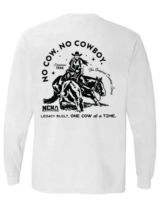 Comfort Colors Garment-Dyed White Heavyweight Long Sleeve T-Shirt w/No Cow No Cowboy Logo, NCHA Logo