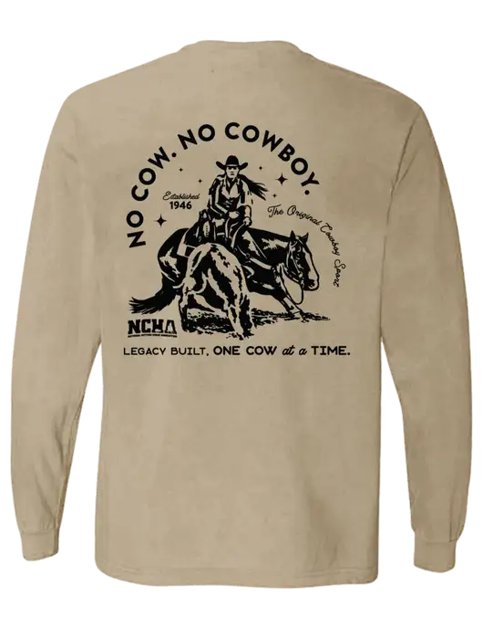 Comfort Colors Garment-Dyed Tan Heavyweight Long Sleeve T-Shirt w/No Cow No Cowboy Logo, NCHA Logo