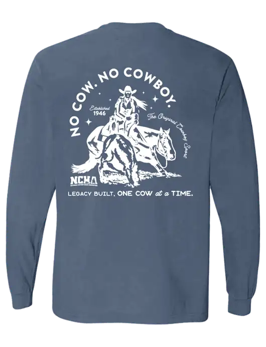 Comfort Colors Garment-Dyed Blue Slate Heavyweight Long Sleeve T-Shirt w/No Cow No Cowboy Logo, NCHA Logo