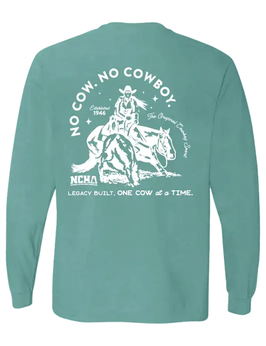 Comfort Colors Garment-Dyed Light Teal Heavyweight Long Sleeve T-Shirt w/No Cow No Cowboy Logo, NCHA Logo