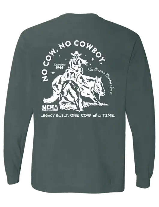 Comfort Colors Garment-Dyed Dark Green Heather Heavyweight Long Sleeve T-Shirt w/No Cow No Cowboy Logo, NCHA Logo