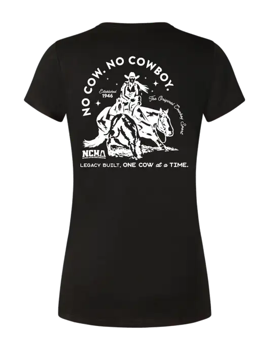 Womens Simply Soft Black 4.5oz Poly/Combed Ring Spun Cotton T-Shirt w/No Cow No Cowboy Logo, NCHA Logo