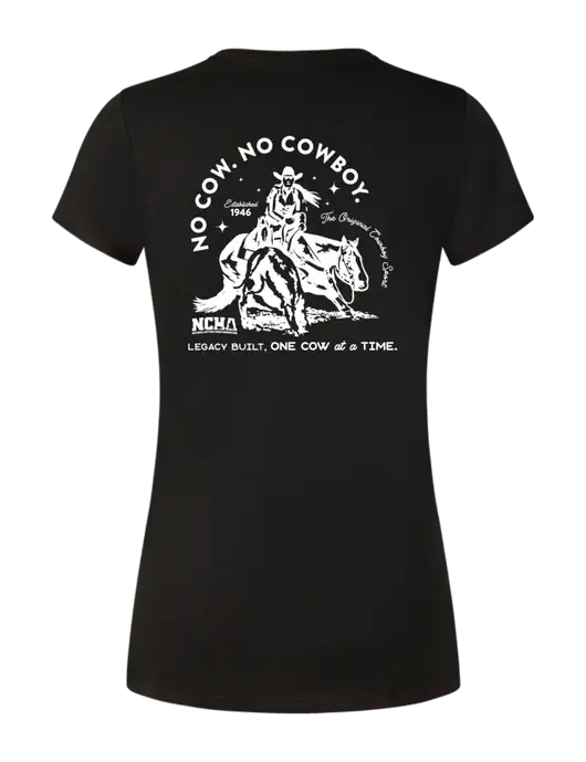 Womens Simply Soft Black 4.5oz Poly/Combed Ring Spun Cotton T-Shirt w/No Cow No Cowboy Logo, NCHA Logo