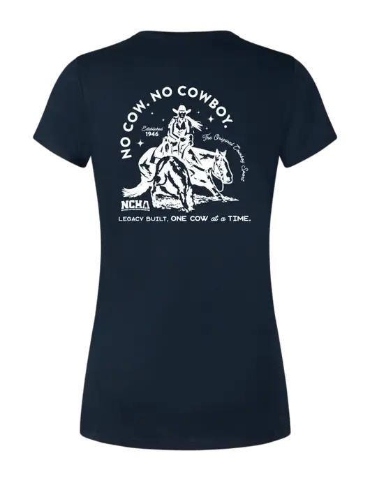 Womens Simply Soft Navy 4.5oz Poly/Combed Ring Spun Cotton T-Shirt w/No Cow No Cowboy Logo, NCHA Logo