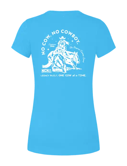 Womens Simply Soft Turquoise Frost 4.5oz  Poly/Combed Ring Spun Cotton T-Shirt w/No Cow No Cowboy Logo, NCHA Logo