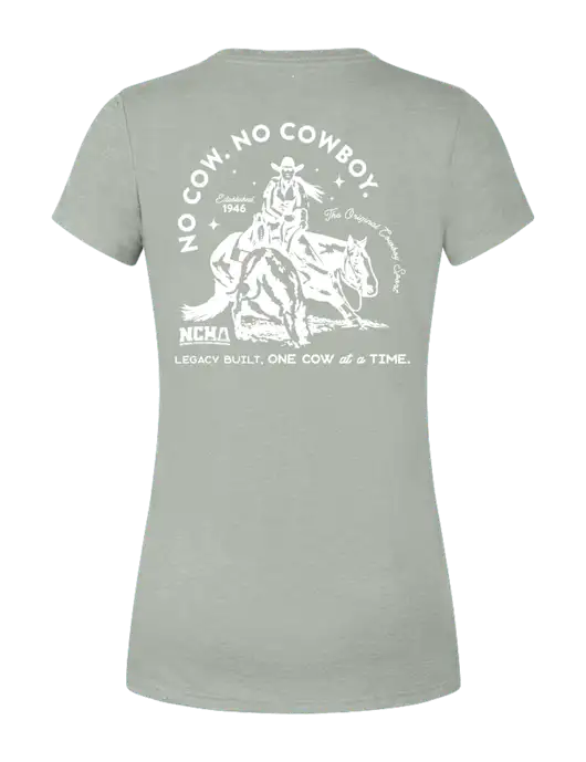 Womens Simply Soft Grey Frost 4.5oz  Poly/Combed Ring Spun Cotton T-Shirt w/No Cow No Cowboy Logo, NCHA Logo