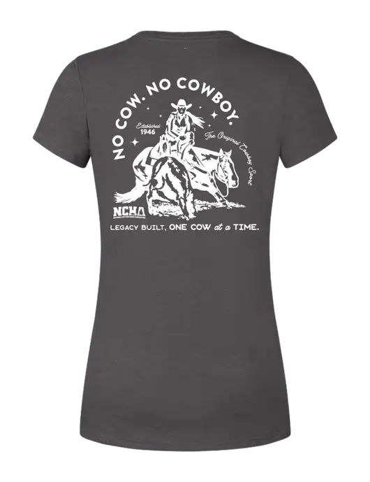 Womens Simply Soft Heather Charcoal 4.5oz  Poly/Combed Ring Spun Cotton T-Shirt w/No Cow No Cowboy Logo, NCHA Logo