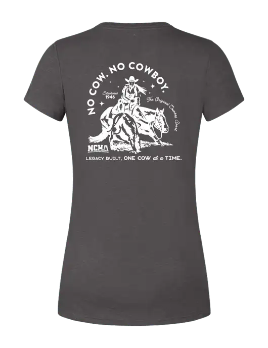 Womens Simply Soft Heather Charcoal 4.5oz  Poly/Combed Ring Spun Cotton T-Shirt w/No Cow No Cowboy Logo, NCHA Logo