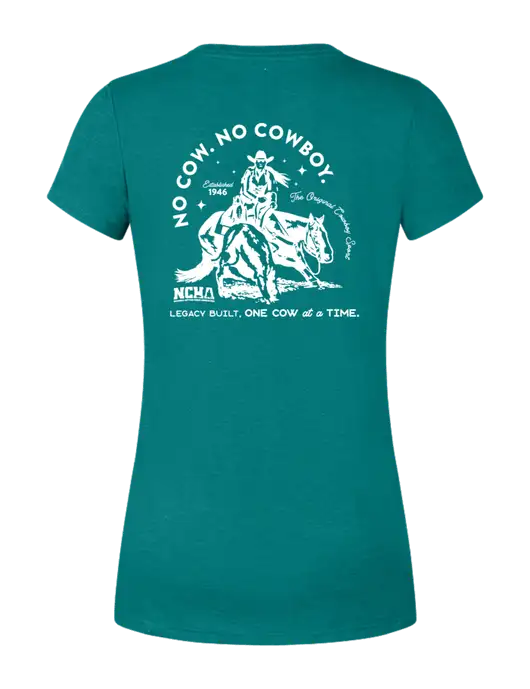 Womens Simply Soft Heathered Dark Teal 4.5oz  Poly/Combed Ring Spun Cotton T-Shirt w/No Cow No Cowboy Logo, NCHA Logo