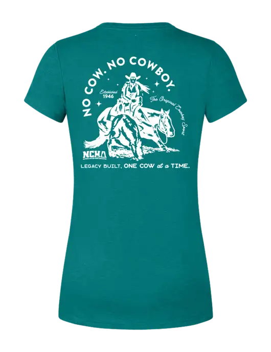 Womens Simply Soft Heathered Dark Teal 4.5oz  Poly/Combed Ring Spun Cotton T-Shirt w/No Cow No Cowboy Logo, NCHA Logo