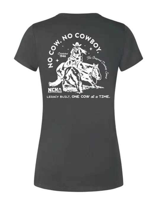 Womens Simply Soft Charcoal 4.5oz Poly/Combed Ring Spun Cotton T-Shirt w/No Cow No Cowboy Logo, NCHA Logo