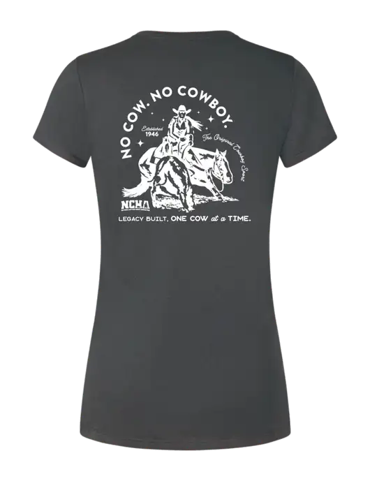 Womens Simply Soft Charcoal 4.5oz Poly/Combed Ring Spun Cotton T-Shirt w/No Cow No Cowboy Logo, NCHA Logo