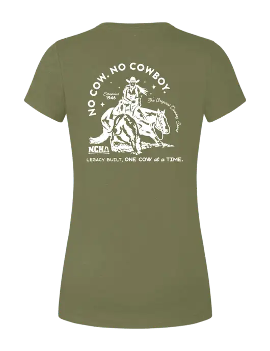 Womens Simply Soft Military Green Frost 4.5oz Poly/Combed Ring Spun Cotton T-Shirt
 w/No Cow No Cowboy Logo, NCHA Logo