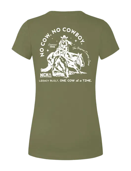 Womens Simply Soft Military Green Frost 4.5oz Poly/Combed Ring Spun Cotton T-Shirt
 w/No Cow No Cowboy Logo, NCHA Logo