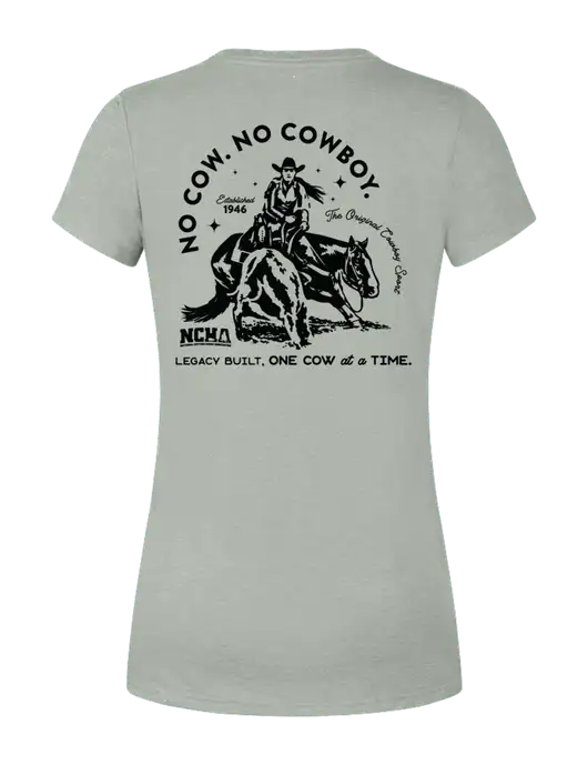 Womens Simply Soft Heathered Light Grey 4.5oz Poly/Combed Ring Spun Cotton T-Shirt w/No Cow No Cowboy Logo, NCHA Logo