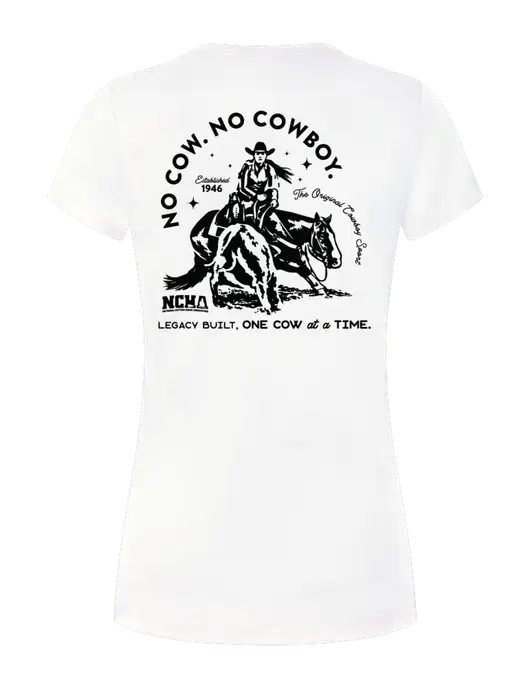 Womens Simply Soft White 4.5oz Poly/Combed Ring Spun Cotton T-Shirt
 w/No Cow No Cowboy Logo, NCHA Logo