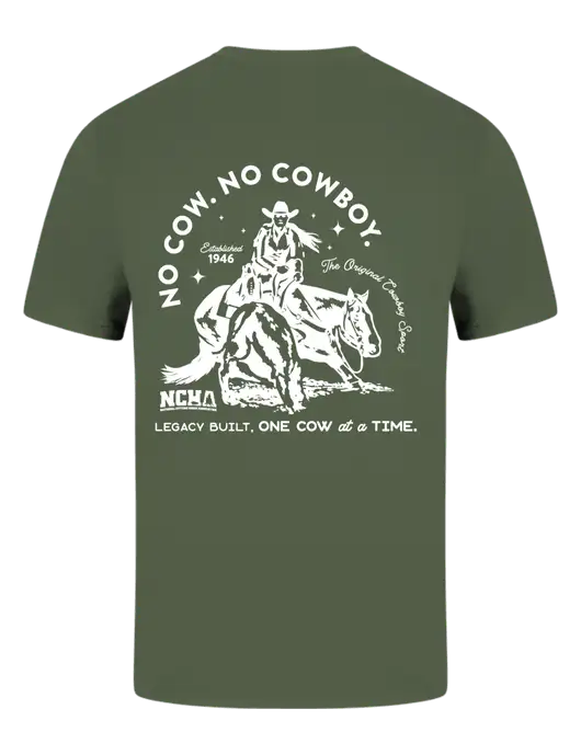 Comfort Colors 6.1 oz Dark Olive Green Heavyweight Ring Spun T-Shirt w/No Cow No Cowboy Logo, NCHA Logo