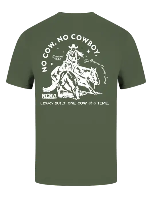 Comfort Colors 6.1 oz Dark Olive Green Heavyweight Ring Spun T-Shirt w/No Cow No Cowboy Logo, NCHA Logo