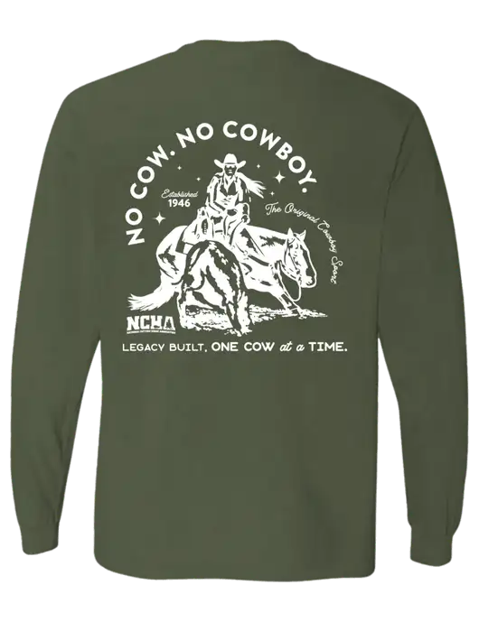 Comfort Colors Garment-Dyed Dark Olive Green Heavyweight Long Sleeve T-Shirt w/No Cow No Cowboy Logo, NCHA Logo