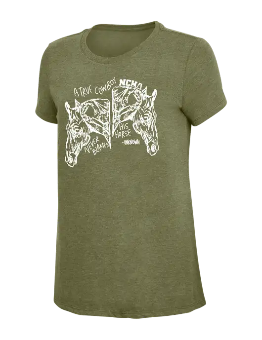 Womens Simply Soft Military Green Frost 4.5oz Poly/Combed Ring Spun Cotton T-Shirt
 w/True Cowboy Logo