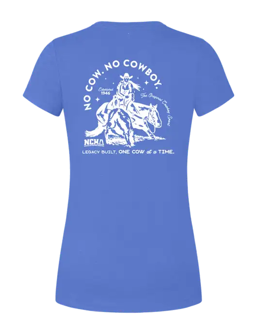 Womens Simply Soft Royal Frost 4.5oz  Poly/Combed Ring Spun Cotton T-Shirt w/No Cow No Cowboy Logo, NCHA Logo